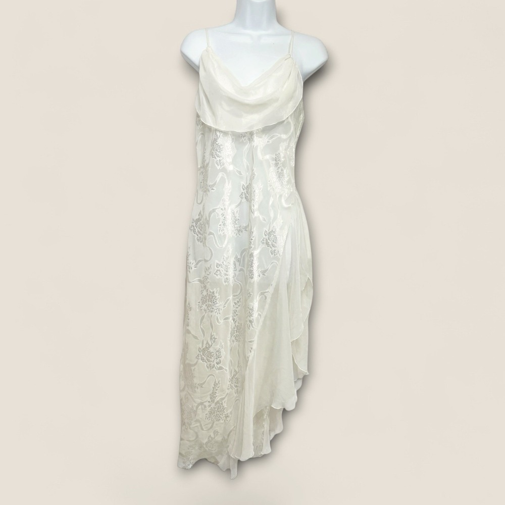 1990s Victoria's Secret Ivory Silk-Feel Floral Maxi Slip Dress Handkerchief Hem